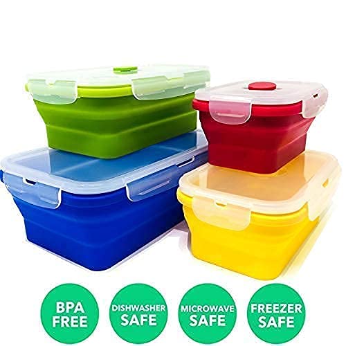 Set of 4 Collapsible Silicone Food Storage Container, Leftover Meal box For Kitchen, Bento Lunch Boxes, BPA Free, Microwave, Dishwasher and Freezer Safe. Foldable Design Saves Your Space.