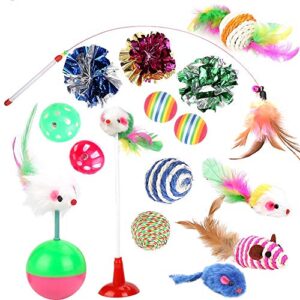 depets cat toys kitten toys assortments, 16pcs variety kitty toy set including interactive feather teaser toy, mouse tumbler, mylar crinkle balls bells toys, for chewing playing (random color)