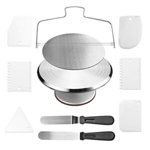 miecux cake decorating supplies cake stand aluminium revolving cake turntable - 12'' rotating cake decorating stand with 2 angled icing spatulas and 6 comb icing smoother, cake leveler,cake board