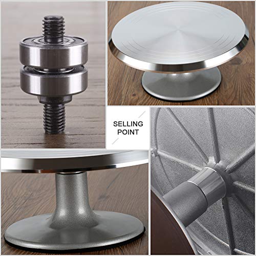 Miecux Cake Decorating Supplies Cake Stand Aluminium Revolving Cake Turntable - 12'' Rotating Cake Decorating Stand with 2 Angled Icing Spatulas and 6 Comb Icing Smoother, Cake Leveler,Cake Board