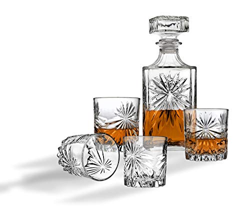 Whiskey Decanter And Glasses Bar Set, Includes Whisky Decanter And 4 Cocktail Glasses - 5 Piece Set