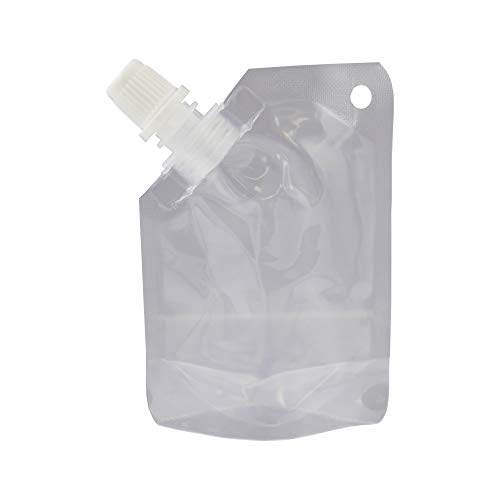 50pcs Travel Size Lightweight Poly Flask Beverage Drinking Pouch with Key Ring Hole Plus Funnel (1.69 oz, Clear)