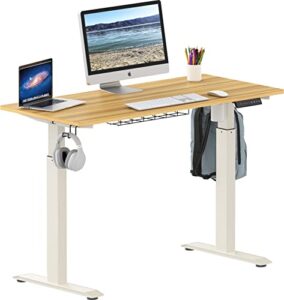 shw electric height adjustable standing desk with hanging hooks and cable management, 48 x 24 inches, oak