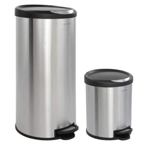 happimess hpm1001a oscar round 8-gallon step-open trash can with free mini trash can, modern, fingerprint proof for home, kitchen, office, large:7.9 gallon small:1.3 gallon, stainless steel