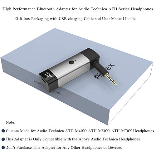 Airfrex Wireless Bluetooth Adapter Receiver with 2.5mm Jack for Audio Technica ATH-M50X and ATH-M40X and ATH-M70X Headphones, Audio Technica Headphone Cable Cord Replacement Connector