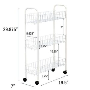 Household Essentials 05121 Slim Line 3-Tier Metal Storage Cart | Laundry Room Rolling Organizer | White