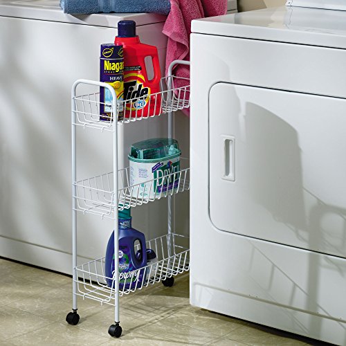 Household Essentials 05121 Slim Line 3-Tier Metal Storage Cart | Laundry Room Rolling Organizer | White