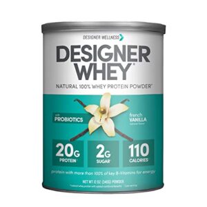 designer wellness designer whey natural 100% whey protein powder with probiotics , fiber, and key b-vitamins for energy, gluten-free, non-gmo, french vanilla 12 oz