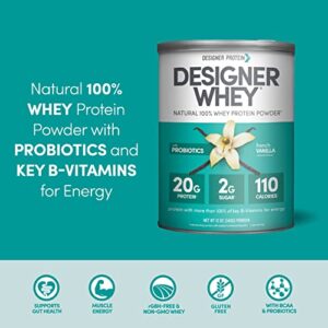 Designer Wellness Designer Whey Natural 100% Whey Protein Powder with Probiotics , Fiber, and Key B-Vitamins for Energy, Gluten-free, Non-GMO, French Vanilla 12 oz