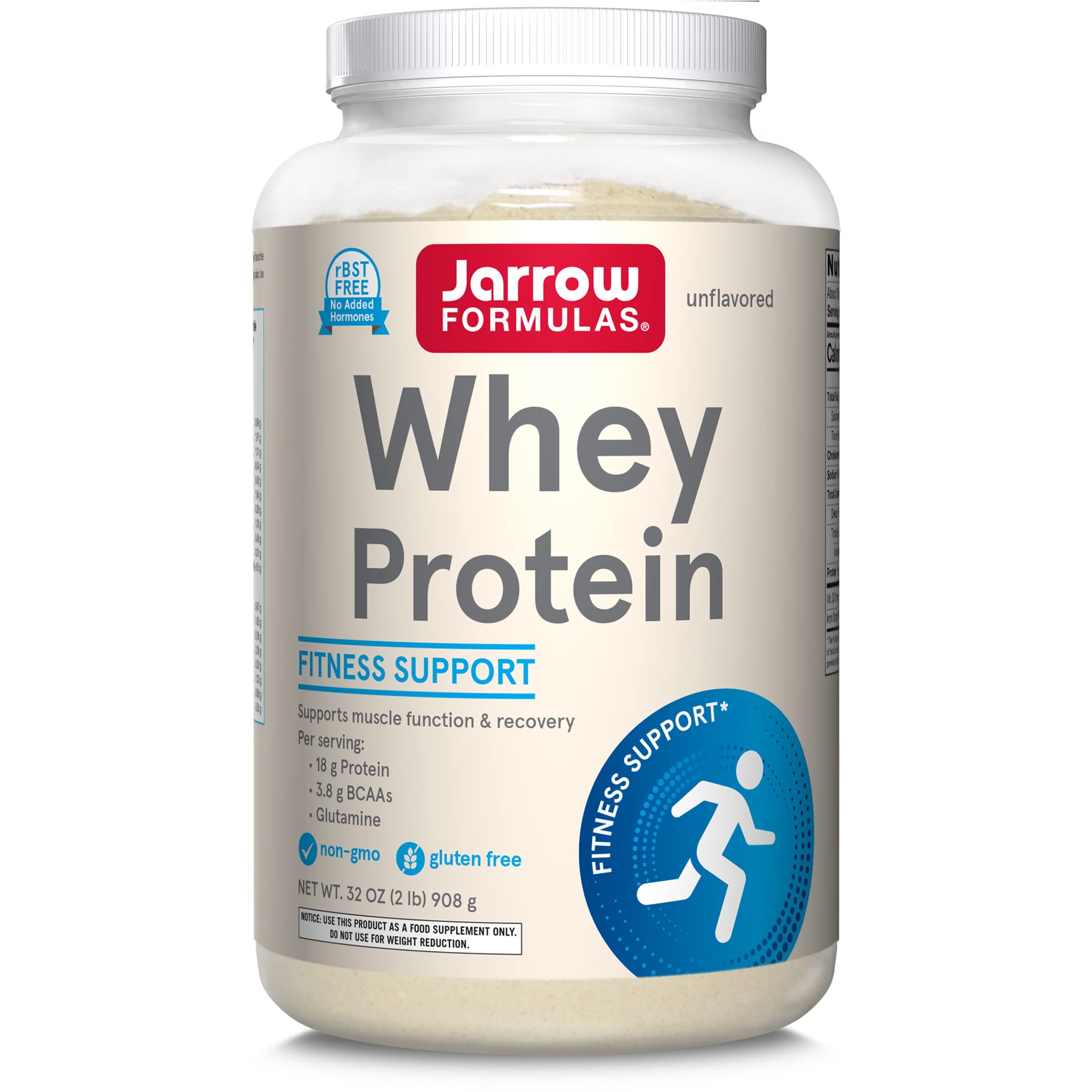 Jarrow Formulas Whey Protein, Unflavored - 32 oz (2 lb) 908 g Powder Dietary Supplement - 18 g Protein, 3.8 g BCAAs & Glutamine per Serving - Approx. 38 Servings - Supports Muscle Funtion & Recovery