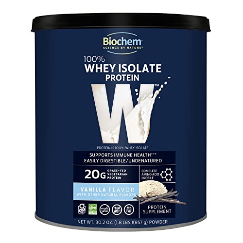 Biochem 100% Whey Isolate Protein - Vanilla - 30.2 oz - 20g of Protein - Meal Replacement -Supports Lean Muscle - Easily Digestible - Silky Smooth Taste - Amino Acids