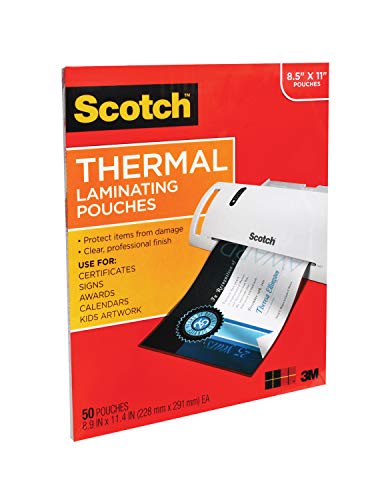 Scotch Thermal Laminating Pouches, 50 Pack Laminating Sheets, 3 Mil, 8.9 x 11.4 Inches, Education Supplies & Craft Supplies, For Use With Thermal Laminators, Letter Size Sheets (TP3854-50)