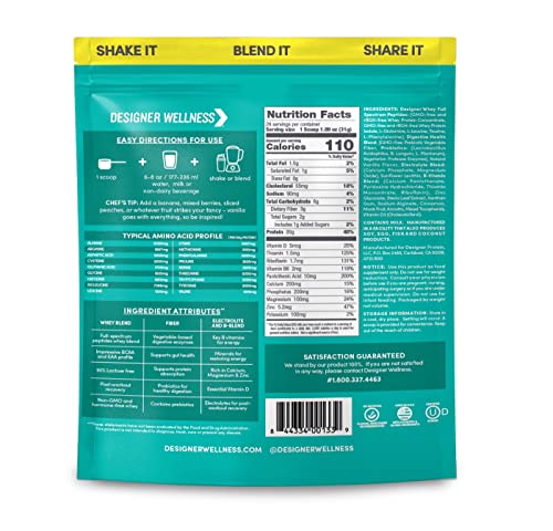 Designer Wellness, Designer Whey, Natural Protein Powder with Probiotics, Fiber, and Key B-Vitamins for Energy, Gluten-Free, French Vanilla, 2 lb