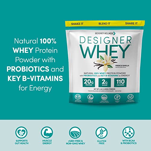 Designer Wellness, Designer Whey, Natural Protein Powder with Probiotics, Fiber, and Key B-Vitamins for Energy, Gluten-Free, French Vanilla, 2 lb