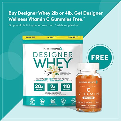 Designer Wellness, Designer Whey, Natural Protein Powder with Probiotics, Fiber, and Key B-Vitamins for Energy, Gluten-Free, French Vanilla, 2 lb