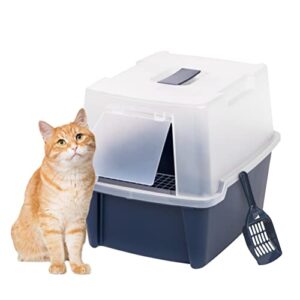 iris usa large hooded cat litter box with front door flap and scoop, enclosed kitty litter tray with entry gate for privacy and keeping litter inside, navy