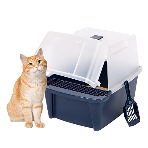 IRIS USA Large Split Hood Cat Litter Box with Front Door Flap and Scoop, Split Lid Hooded Kitty Litter Tray with Entry Gate for Privacy and Keeping Litter Inside, Navy