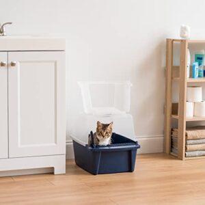 IRIS USA Large Split Hood Cat Litter Box with Front Door Flap and Scoop, Split Lid Hooded Kitty Litter Tray with Entry Gate for Privacy and Keeping Litter Inside, Navy