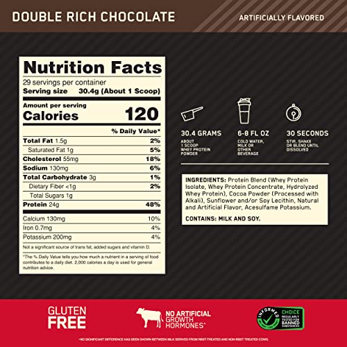 Optimum Nutrition Gold Standard 100% Whey Protein Powder, Double Rich Chocolate 2 Pound (Packaging May Vary)