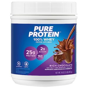 pure protein powder, whey, high protein, low sugar, gluten free, rich chocolate, 1 lb (packaging may vary)