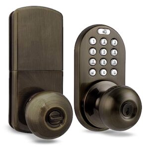 milocks tkk-02aq digital door knob handle lock with electronic keypad - keyless entry smart door lock with adjustable latch locks, audible tones for interior front doors & more, antique brass