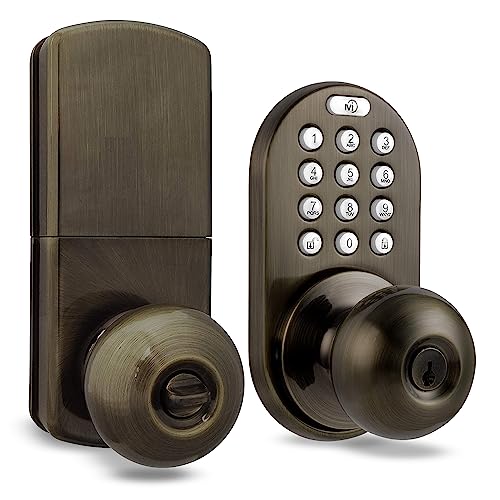 MiLocks TKK-02AQ Digital Door Knob Handle Lock with Electronic Keypad - Keyless Entry Smart Door Lock with Adjustable Latch Locks, Audible Tones for Interior Front Doors & More, Antique Brass