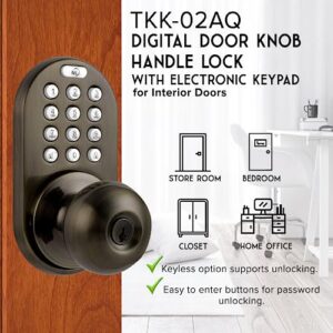 MiLocks TKK-02AQ Digital Door Knob Handle Lock with Electronic Keypad - Keyless Entry Smart Door Lock with Adjustable Latch Locks, Audible Tones for Interior Front Doors & More, Antique Brass