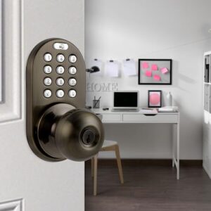 MiLocks TKK-02AQ Digital Door Knob Handle Lock with Electronic Keypad - Keyless Entry Smart Door Lock with Adjustable Latch Locks, Audible Tones for Interior Front Doors & More, Antique Brass