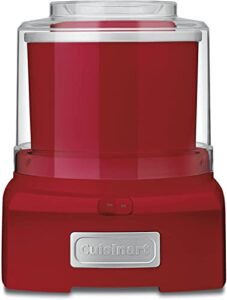 cuisinart ice-21rp1 1.5-quart frozen yogurt, ice cream and sorbet maker, double insulated freezer bowl elminates the need for ice and makes frozen treats in 20 minutes or less, red