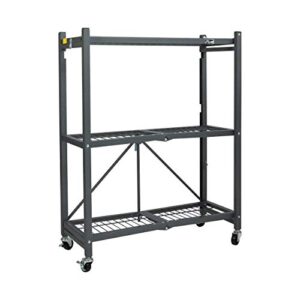 origami 3 shelf foldable storage unit on 3" caster wheels, unfolds in 5 seconds, holds up to 750 pounds, metal organizer wire rack, 29" x 13" x 38", heavy-duty - pewter