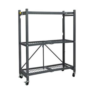 Origami 3 Shelf Foldable Storage Unit on 3" Caster Wheels, Unfolds in 5 Seconds, Holds up to 750 Pounds, Metal Organizer Wire Rack, 29" x 13" x 38", Heavy-Duty - Pewter