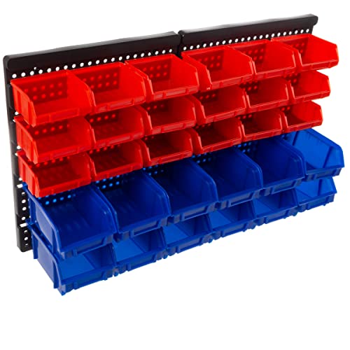 Wall-Mounted Garage Storage Bins - 30 Compartments for Garage Organization, Craft Supply Storage, Tool Box Organizer Unit by Stalwart (Red/Blue)