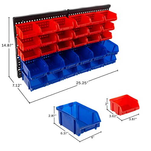 Wall-Mounted Garage Storage Bins - 30 Compartments for Garage Organization, Craft Supply Storage, Tool Box Organizer Unit by Stalwart (Red/Blue)