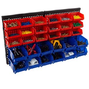 Wall-Mounted Garage Storage Bins - 30 Compartments for Garage Organization, Craft Supply Storage, Tool Box Organizer Unit by Stalwart (Red/Blue)