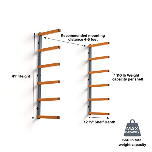 Bora Wood Organizer and Lumber Storage Metal Rack with 6-Level Wall Mount – Indoor and Outdoor Use, In Orange | PBR-001