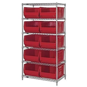 quantum storage systems wr6-974rd 6-tier complete wire shelving system with 10 qus974 red hulk bins, chrome finish, 30" width x 36" length x 74" height