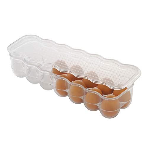 iDesign Plastic Egg Holder for Refrigerator with Handle and Lid, Fridge Storage Organizer for Kitchen, Holds up to 14, 4.25" x 14.5" x 3", Clear