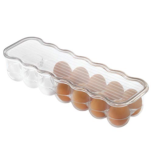 iDesign Plastic Egg Holder for Refrigerator with Handle and Lid, Fridge Storage Organizer for Kitchen, Holds up to 14, 4.25" x 14.5" x 3", Clear