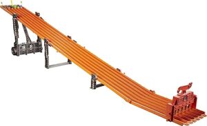 hot wheels toy car track set super 6-lane raceway, 8ft track that rolls up for storage, 6 1:64 scale cars
