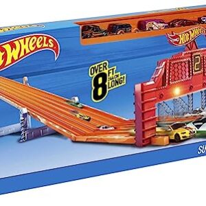 Hot Wheels Toy Car Track Set Super 6-Lane Raceway, 8Ft Track That Rolls Up for Storage, 6 1:64 Scale Cars