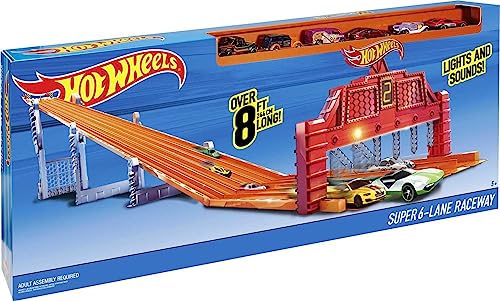 Hot Wheels Toy Car Track Set Super 6-Lane Raceway, 8Ft Track That Rolls Up for Storage, 6 1:64 Scale Cars