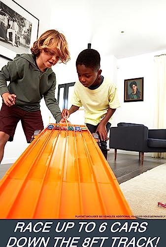 Hot Wheels Toy Car Track Set Super 6-Lane Raceway, 8Ft Track That Rolls Up for Storage, 6 1:64 Scale Cars