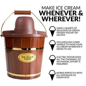 Nostalgia Electric Ice Cream Maker - Old Fashioned Soft Serve Ice Cream Machine Makes Frozen Yogurt or Gelato in Minutes - Fun Kitchen Appliance - Vintage Wooden Style - Dark Wood - 4 Quart