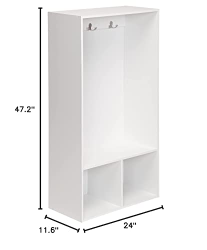 ClosetMaid KidSpace Wood Locker, 2 Cubby Cube Compartments Open Storage, 3 Hooks, for Coats, Backpacks, Jackets, White Finish, 47-Inch