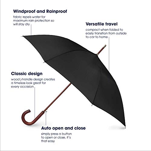 totes Auto Open Wooden Handle J Stick Umbrella, Black