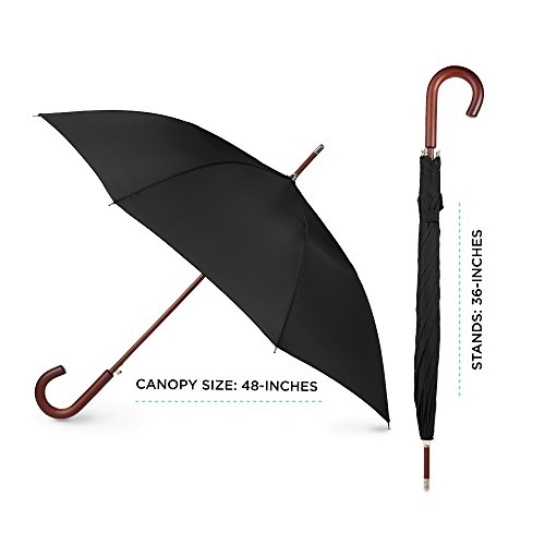 totes Auto Open Wooden Handle J Stick Umbrella, Black