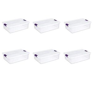 sterilite 17551706 32 quart/30 liter clearview latch box, clear with sweet plum latches, 6-pack,sweet plum handles