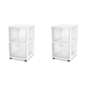 sterilite 36208002 ultra 2 drawer cart, white frame & clear textured drawers w/ handles & black casters, 2-pack