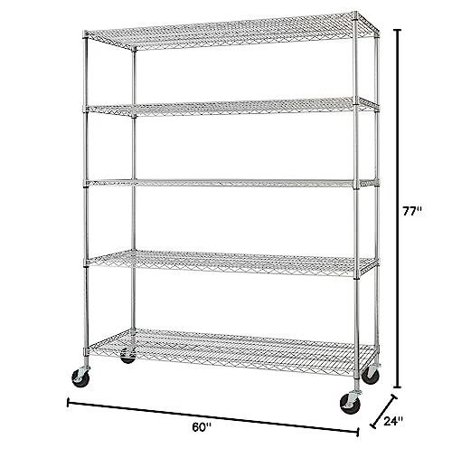 TRINITY EcoStorage Heavy Duty 5-Tier Adjustable Wire Shelving with Wheels for Kitchen Organization, Garage Storage, Laundry Room, NSF Certified, 800 to 4000 Pound Capacity, Chrome, 60 by 24 by 72-Inch