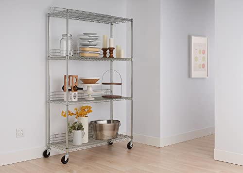 TRINITY EcoStorage Heavy Duty 4-Tier Adjustable Wire Shelving with Wheels and Backstands for Kitchen Organization, Garage Shelf Rack, NSF Certified, W D x 77” H, 48 by 18 by 72", Chrome